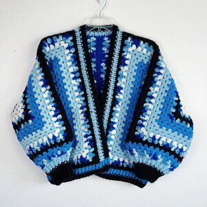 Hand Crafted Granny Square Oversized Cardigan | Blue Black White Crochet Sweater